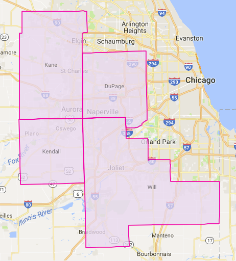 DuPage, Kane, Kendall, and Will County map